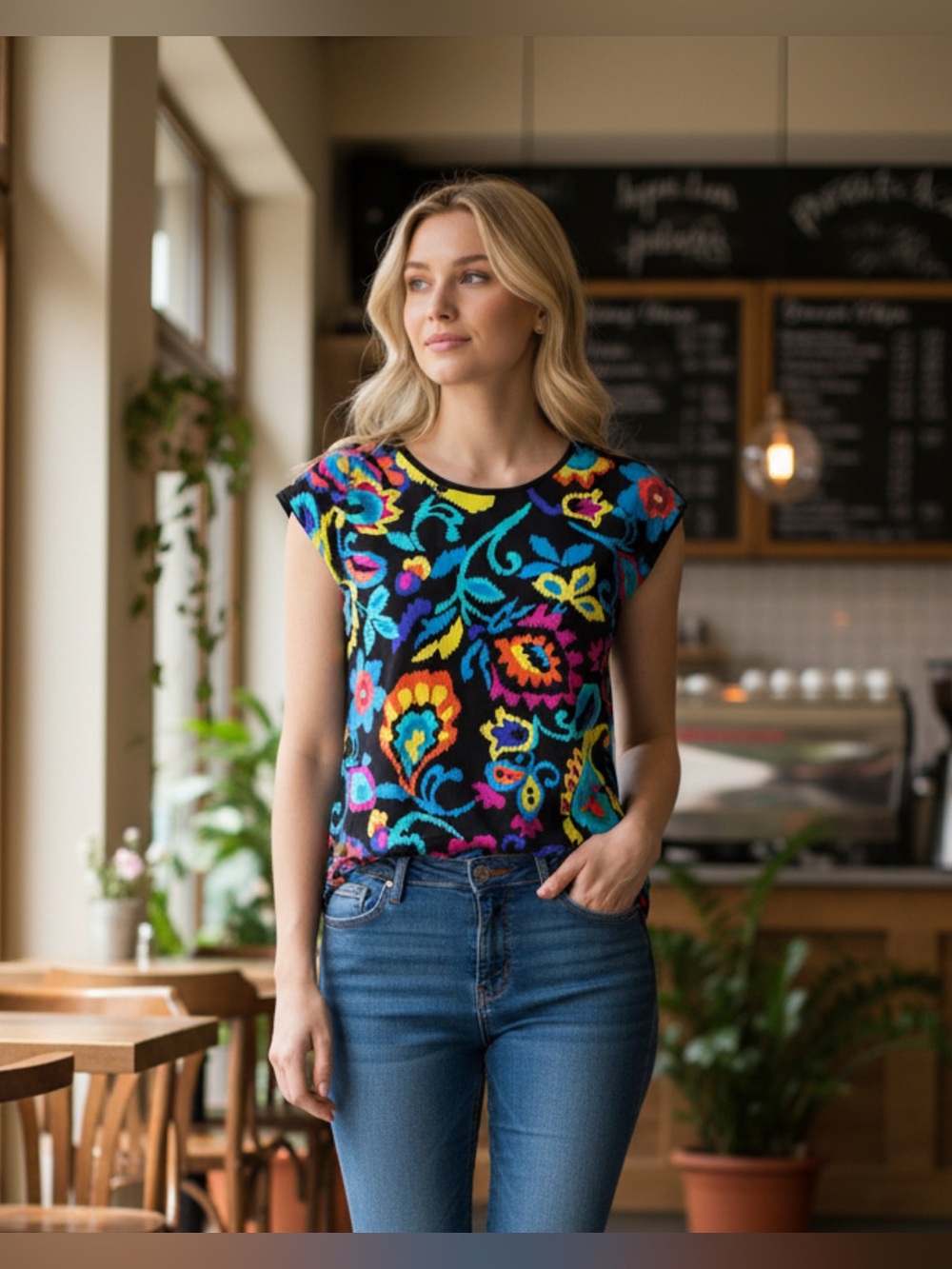 August Silk Black Multicolor Shortsleeve Top with Side Slits - size S
